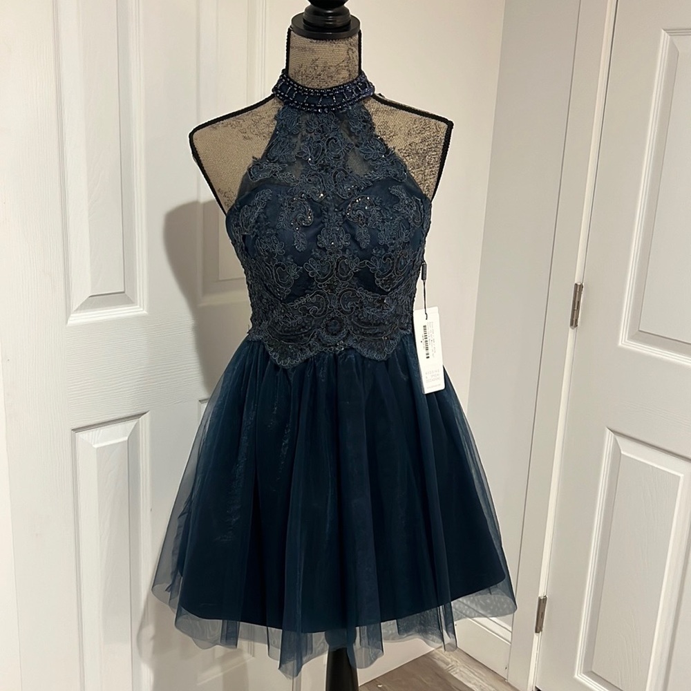 Beautiful Halter Beaded Navy Tulle Dress size 4